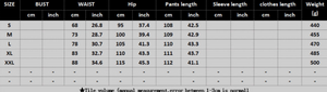 Deep Stretch Jeans Sizing Chart