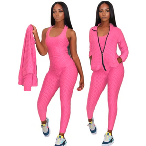 Woman Wearing Go Getter Pink 3 Piece Track Suit