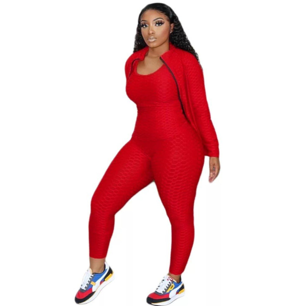 Woman Wearing Go Getter Red 3 Piece Track Suit