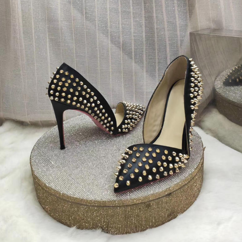 Women Black Studded High Heel Pointed Toe Shoe