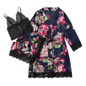 Spa Day Floral 3 Piece Satin Robe Set