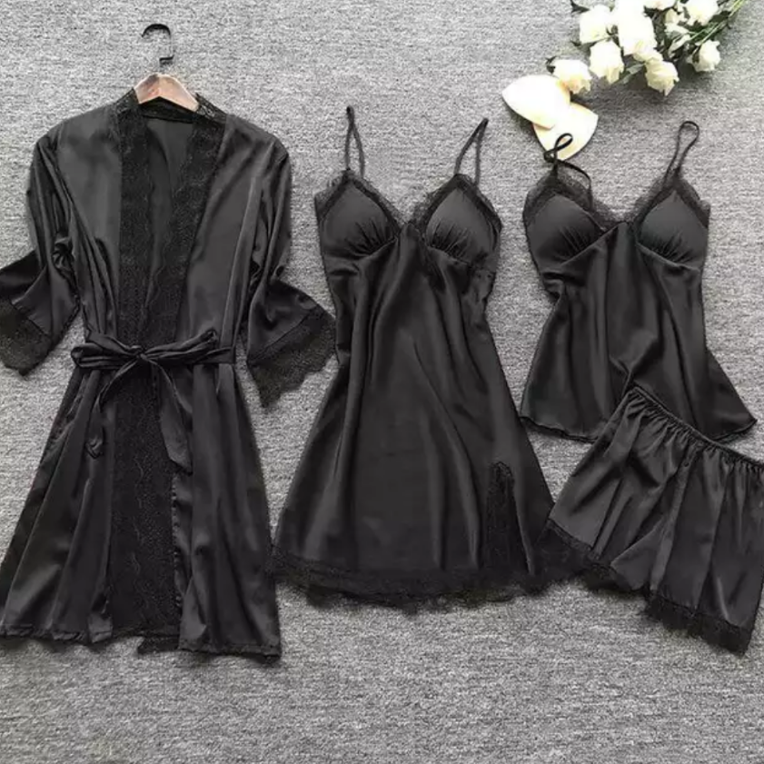 Staycation Black 4 Piece Satin Robe Set