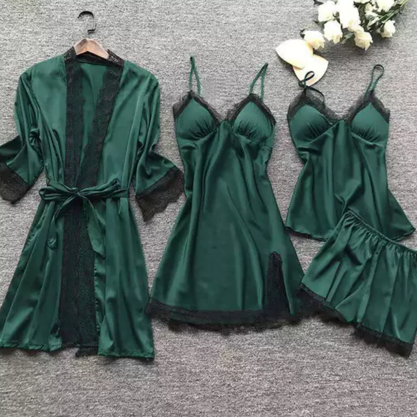 Staycation Green 4 Piece Satin Robe Set