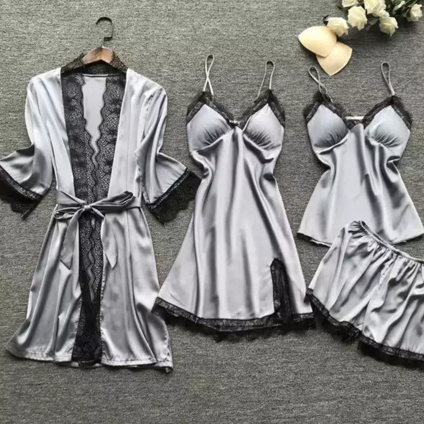 Staycation Grey 4 Piece Satin Robe Set