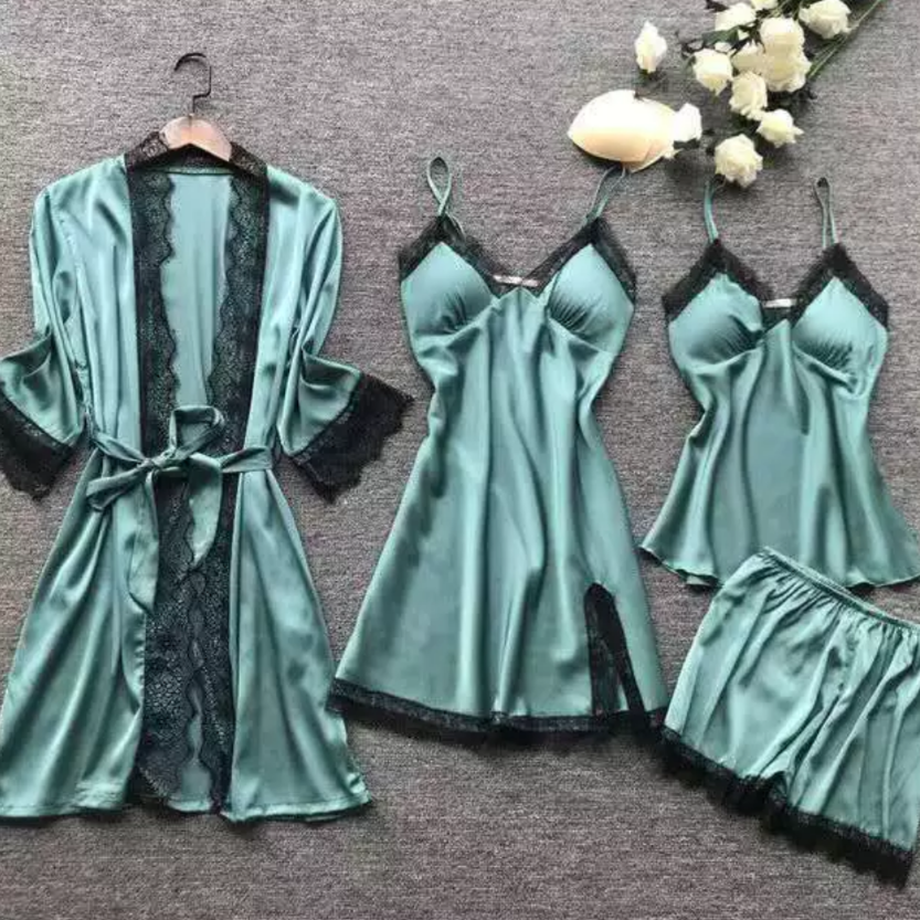 Staycation Light Blue 4 Piece Satin Robe Set