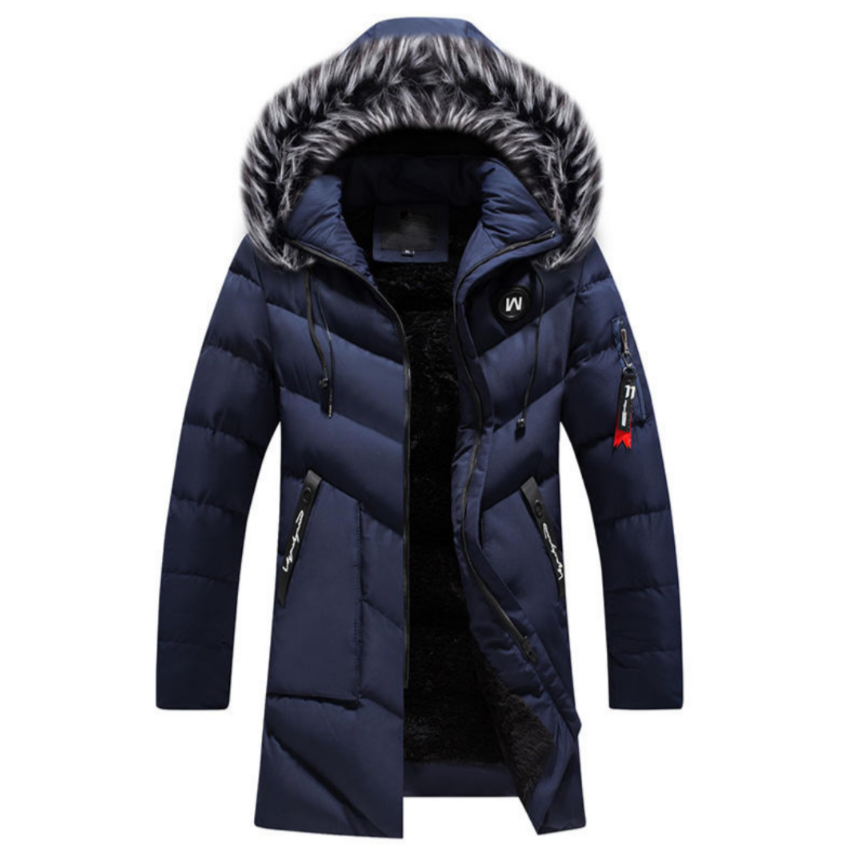 Men Fur Trim Blue Hooded Full Length Puff Coat