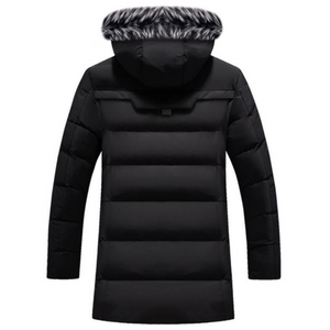 Men Fur Trim Black Hooded Full Length Puff Coat