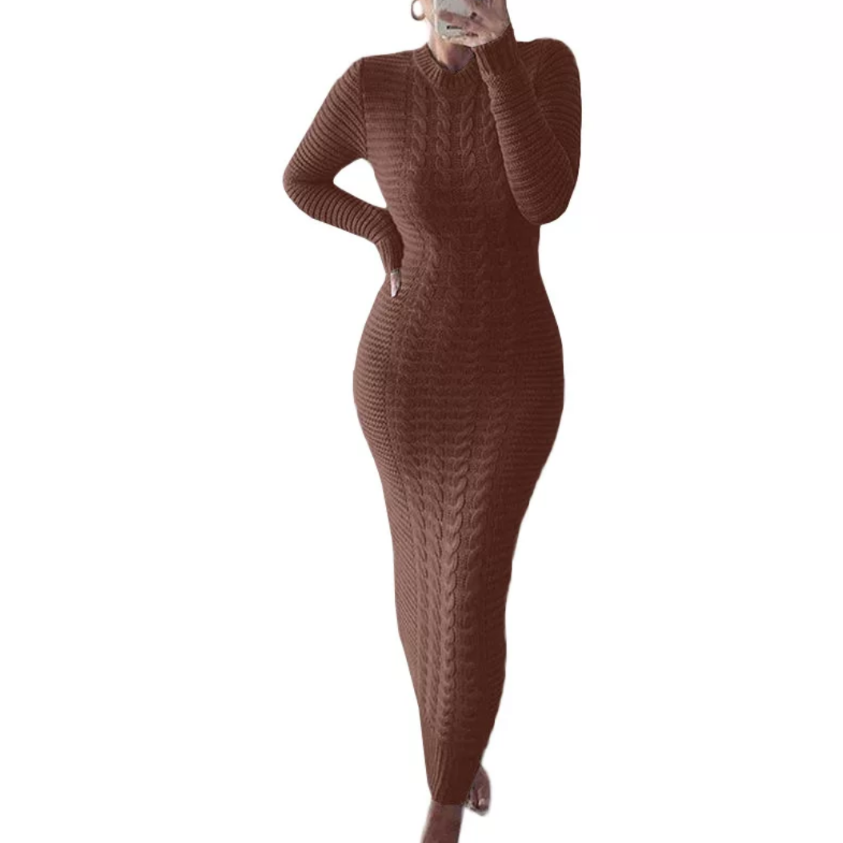 Full Length Brown Knit Sweater Dress