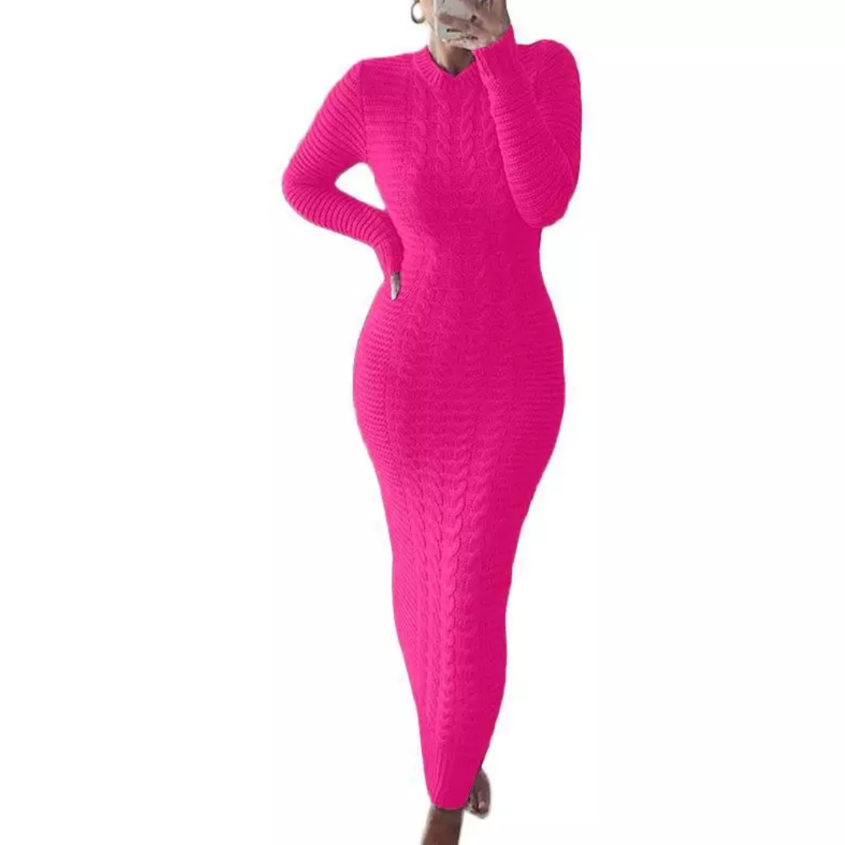 Full Length Pink Knit Sweater Dress