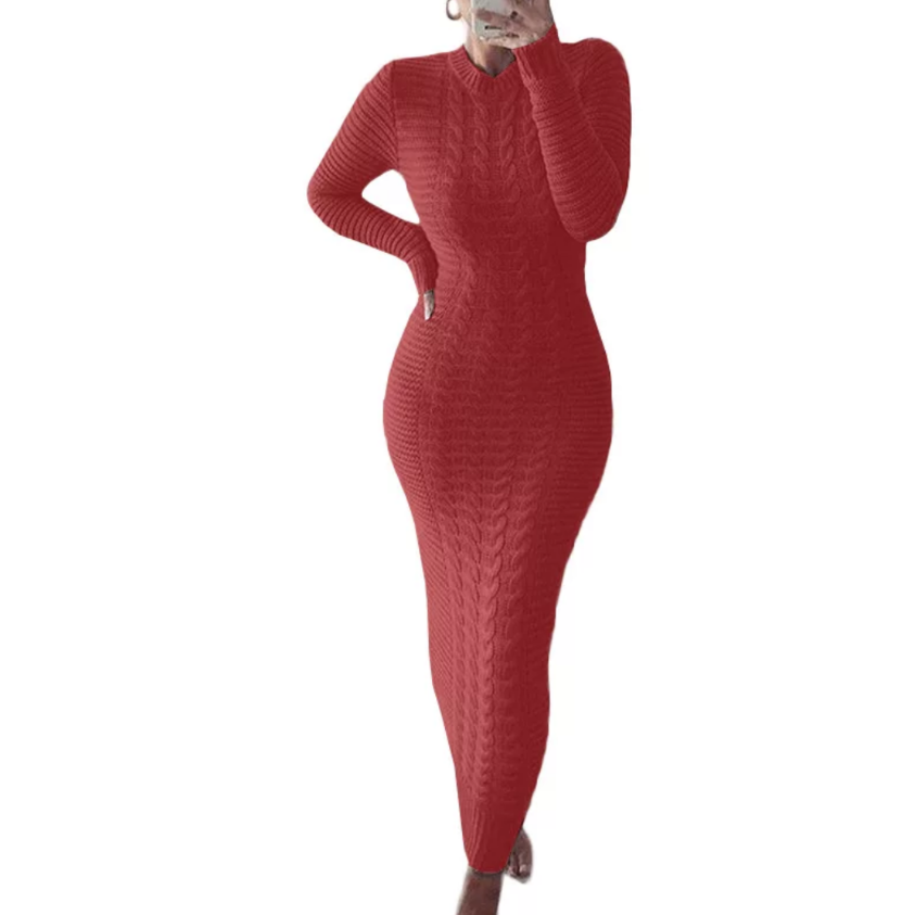 Full Length Salmon Knit Sweater Dress