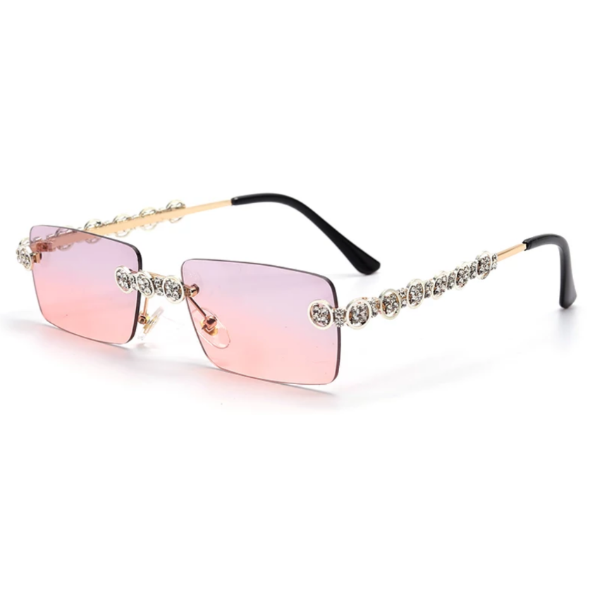 gold and silver jeweled sunglasses with pink lens