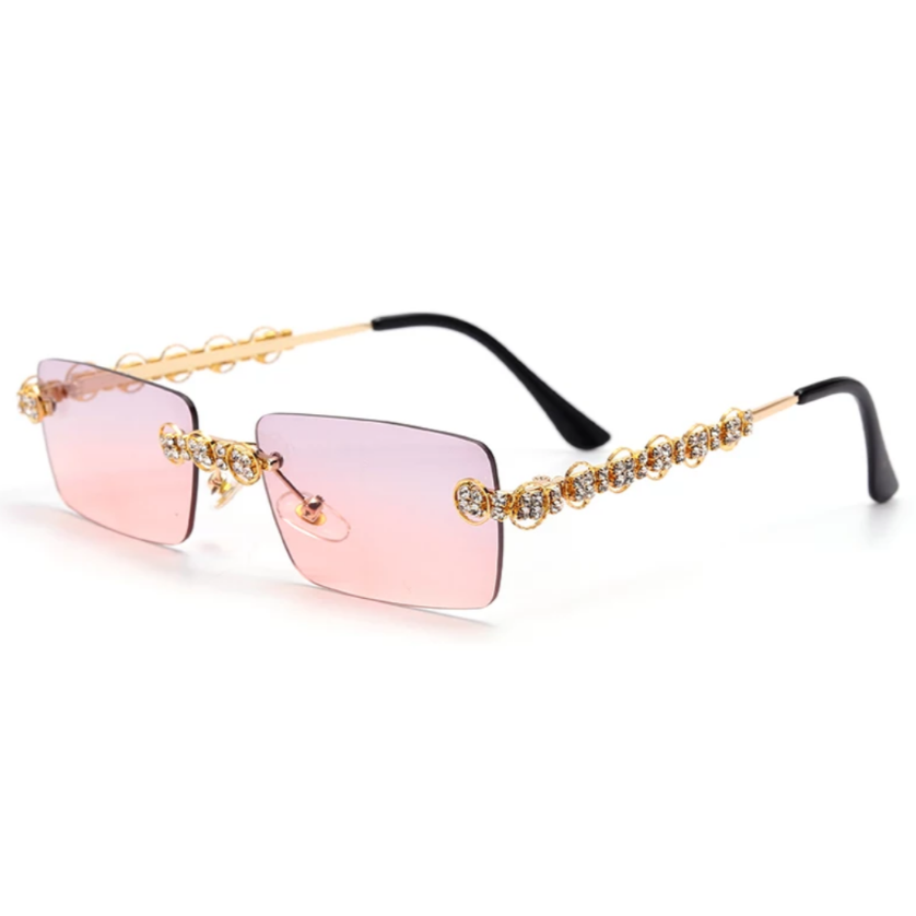 gold jeweled sunglasses with pink lens