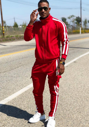 men's double stripe track suit red and white