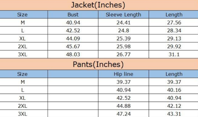 men's single stripe track suit size chart