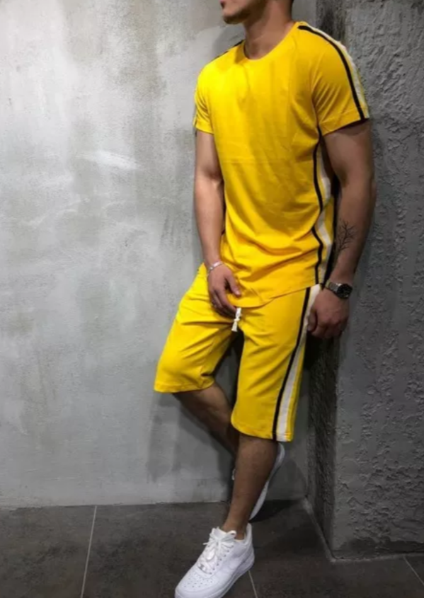 men's stripe shorts set yellow