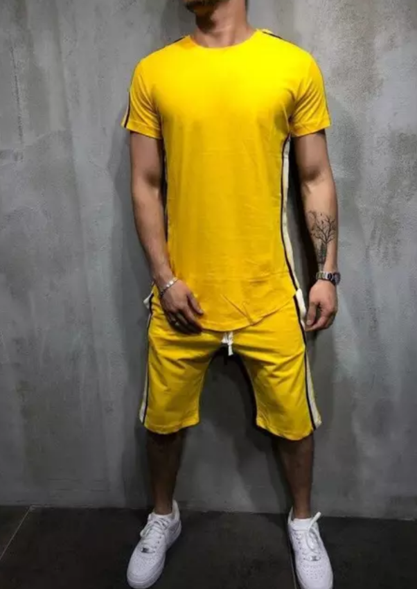 men's stripe shorts set yellow front