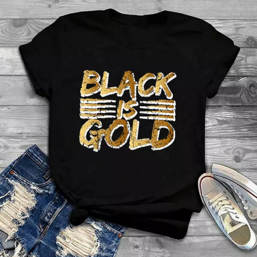 women's black gold lettering graphic tee shirt