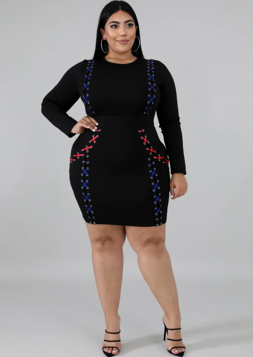 women's blue and red stitch print long sleeve dress