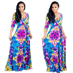 women's blue floral long sleeve large print dress