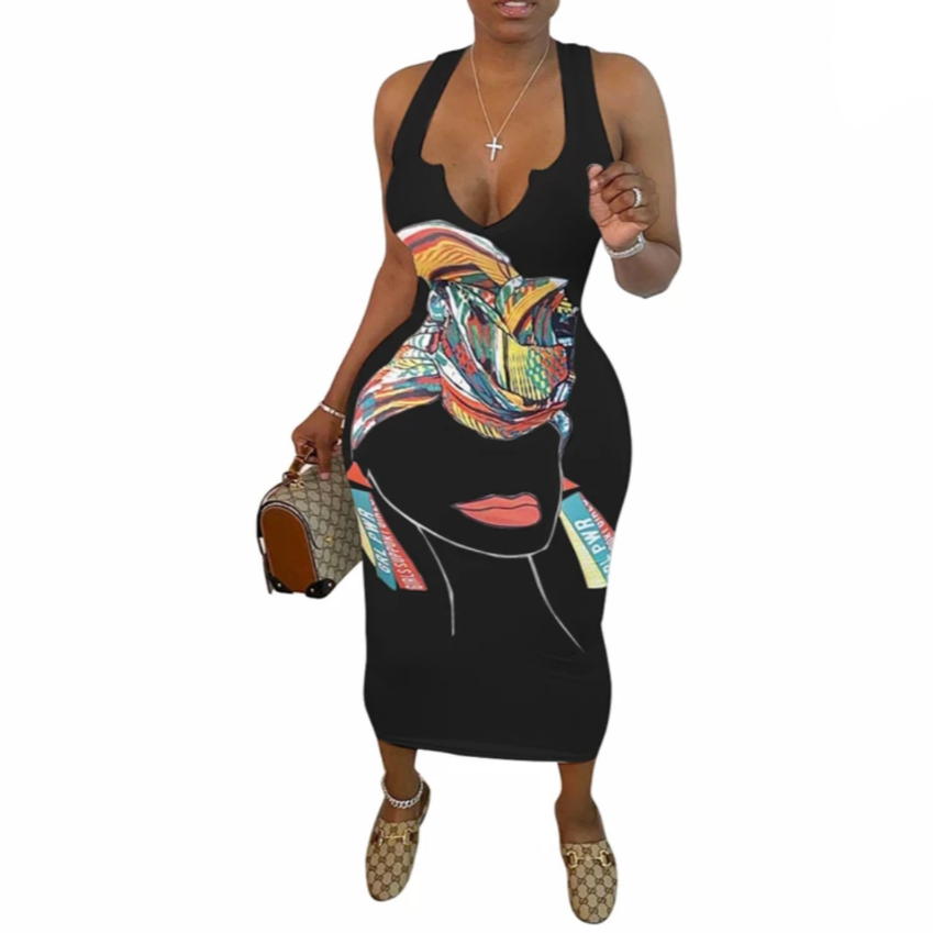 women's body con graphic print dress black