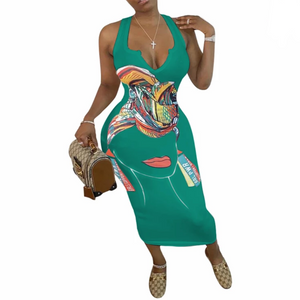 women's body con graphic print dress green