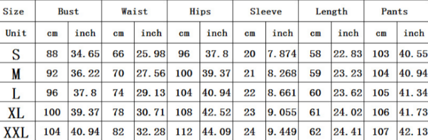 women's casual set size chart