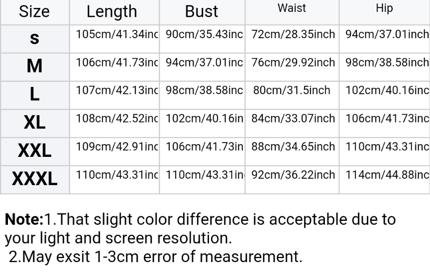 women's dress print design on one side sizing chart