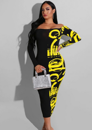 women's dress yellow print design on one side