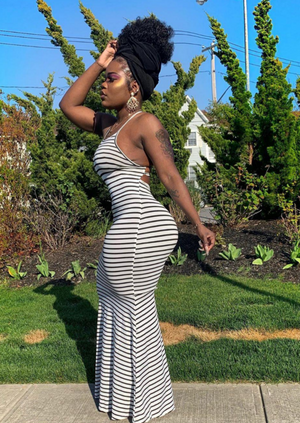 women's full length stripe sun dress side view