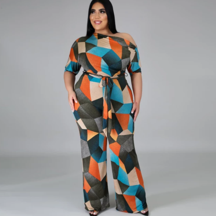 women's geometric print jumpsuit orange front view