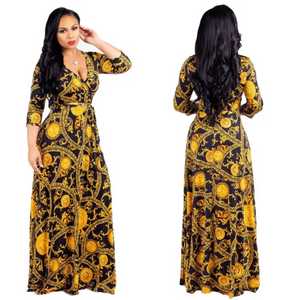 women's gold long sleeve large print dress