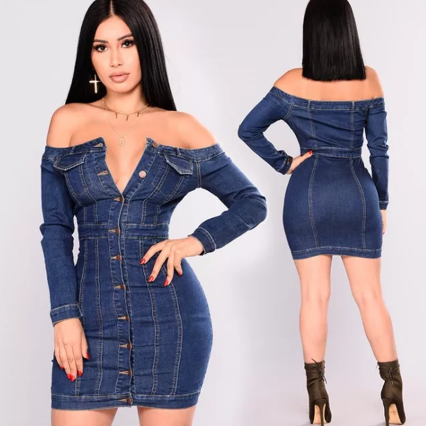 women's halter denim dress back view