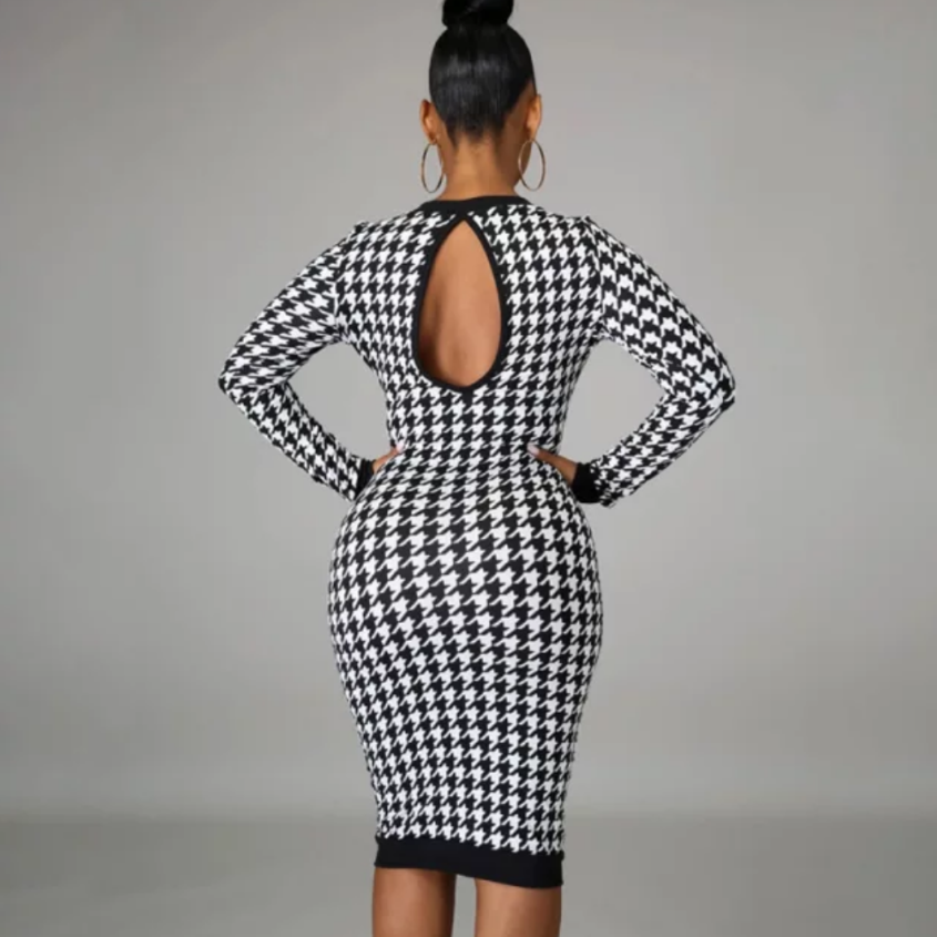 women's hounds tooth long sleeve dress back view