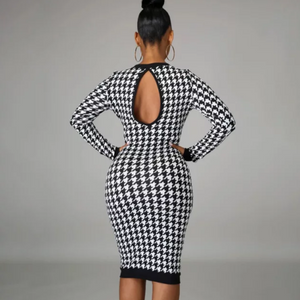 women's hounds tooth long sleeve dress back view