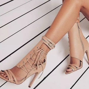 women's lace up high heel shoe beige