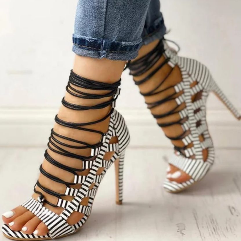 women's cut out lace up high heel shoe stripe