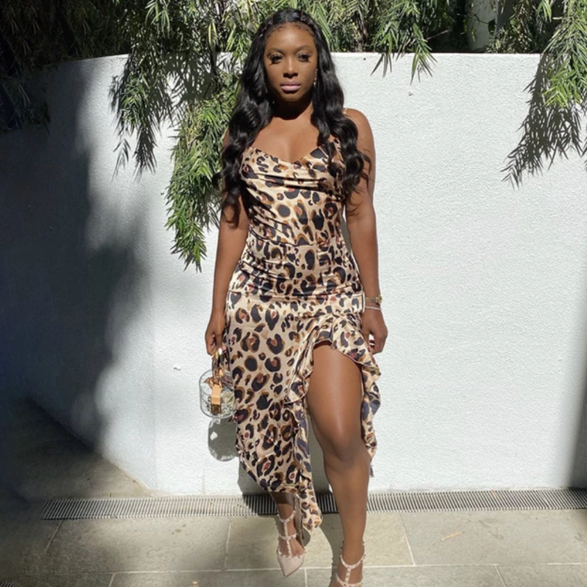 women's leopard print split dress front view