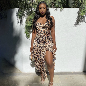 women's leopard print split dress front view