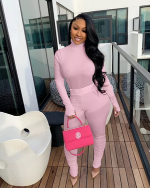 women's long sleeve turtle neck set pink