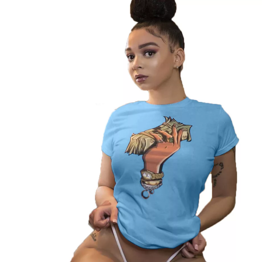 women's money stack tee shirt blue