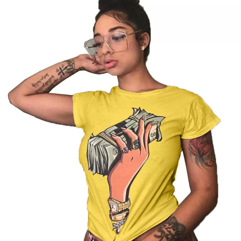 women's money stack tee shirt yellow