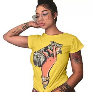 women's money stack tee shirt yellow