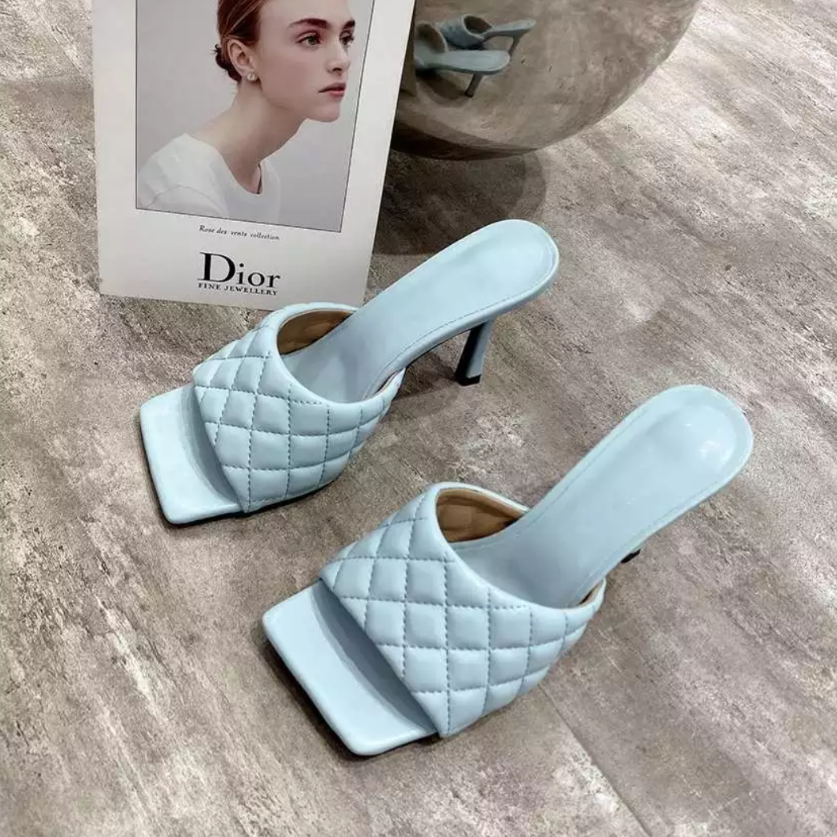 women's open toe square quilted mule shoe blue