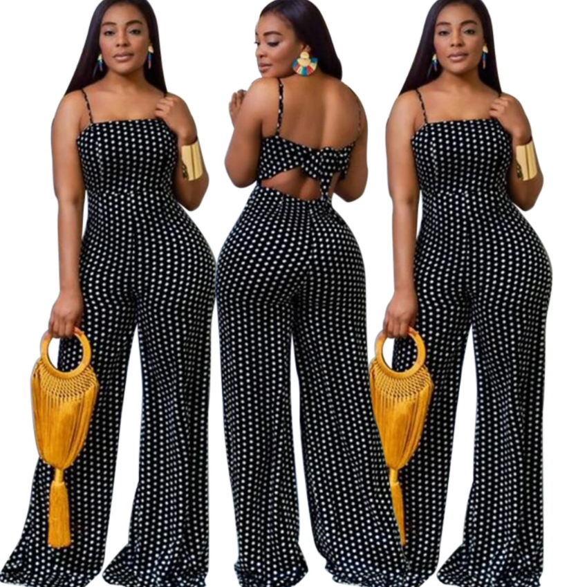 women's polka dot wide leg jumpsuit black