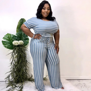 women's stripe jumpsuit blue