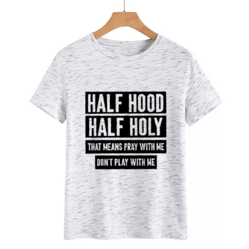 women's tee shirt half holy letter print