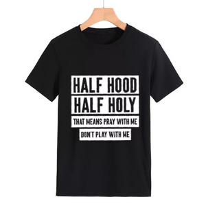 women's tee shirt half holy letter print black