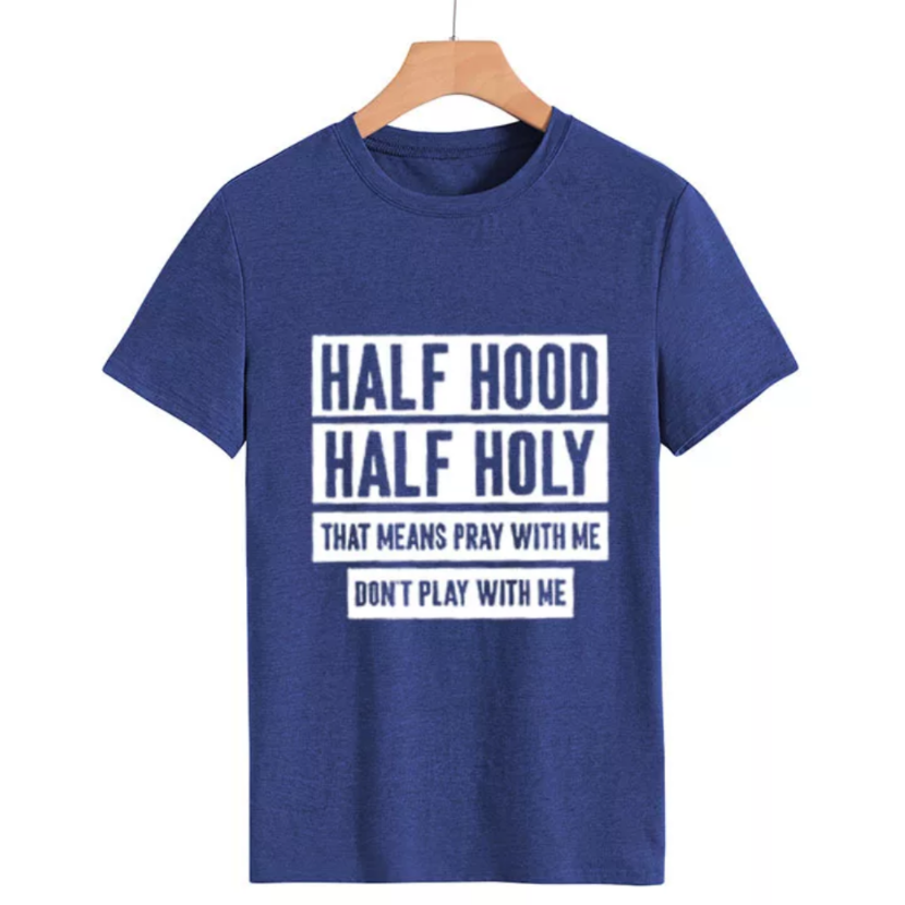 women's tee shirt half holy letter print blue