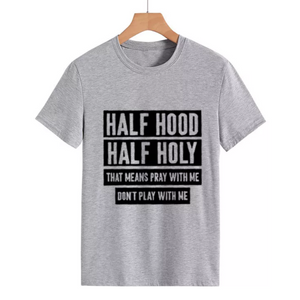 women's tee shirt half holy letter print gray