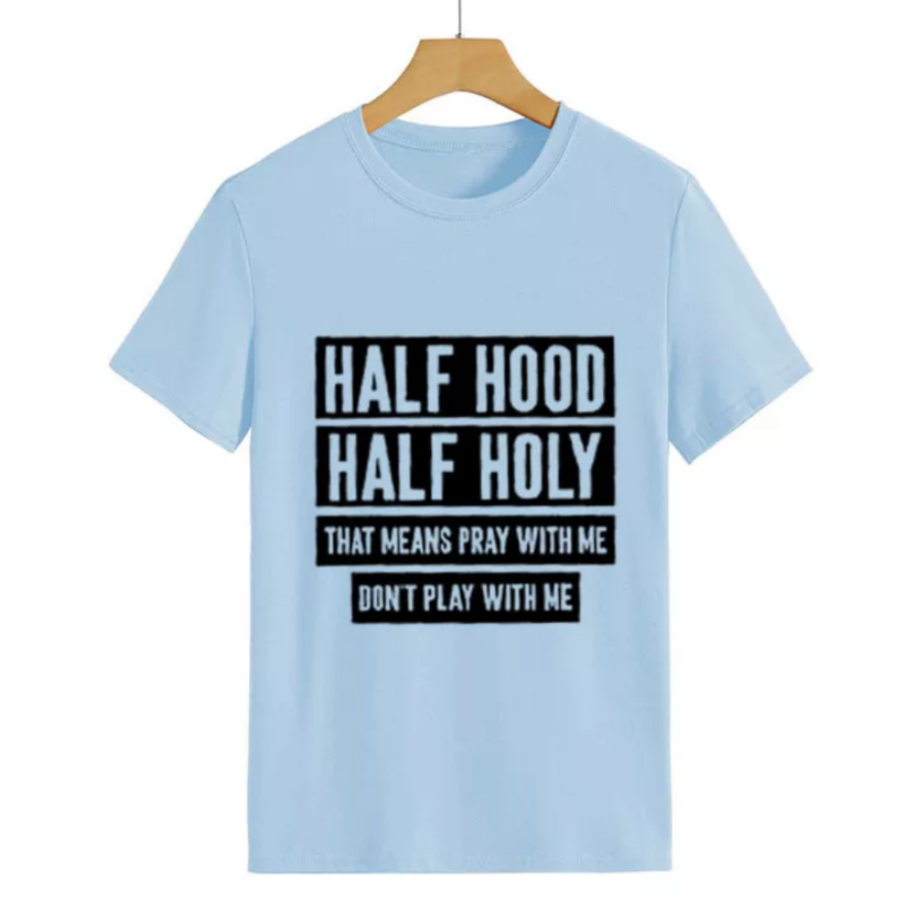 women's tee shirt half holy letter print lite blue